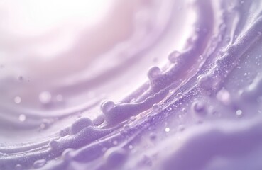 Poster - Abstract gel texture with liquid cosmetic background. Skincare serum or beauty cream with bubbles closeup. Gentle waves, flowing design with soft colors, white and purple.