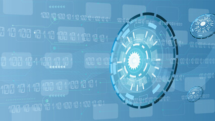 Wall Mural - high tech digital interface background featuring binary code gears and circular elements in blue ton