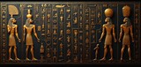 Ancient Egyptian hieroglyphic drawings on black background. Illustration pharaohs, gods, symbols, ancient culture, traditions. Golden reliefs reflect history, religion, civilization, decorative art.