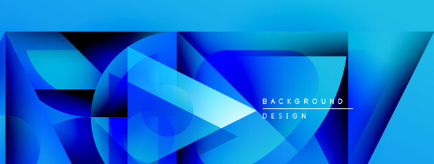 Leinwandbilder - Abstract geometric shapes, vibrant blues dominate design. Modern aesthetic, dynamic composition, sleek presentation. Background features text elements.