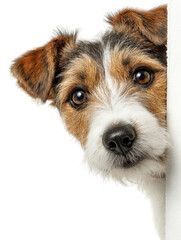scared terrier peeking from side, showcasing its expressive eyes and fluffy fur against plain transp