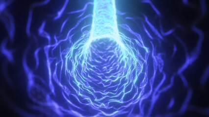 Wall Mural - Bright glowing blue electric tunnel with dynamic wireframe lines and neon energy pulses, simulating a high-speed data flow
