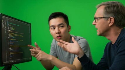 Real Looking Two Men Analyzing Code on Screen Together in Studio