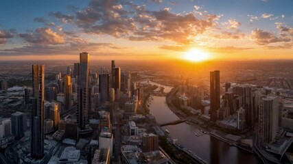 Aerial view of cityscape with skyscrapers and river at sunset with cloudy sky