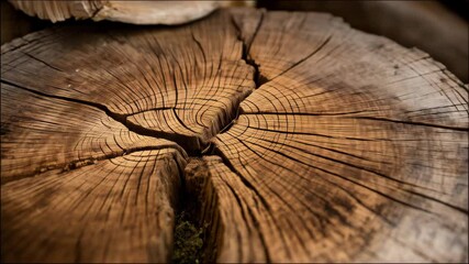 Close-up of a weathered tree stump with cracks and growth rings showcasing natural texture and age.