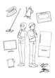 © Mei Suzukawa - 新生活の準備を考える新社会人の男性と女性の白黒ベクターイラスト