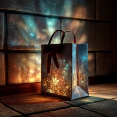 Aufkleber - Ethereal Gift: A magical shopping bag resting in warm light, adorned with golden foliage and a red bow, creating a moment of wonder.