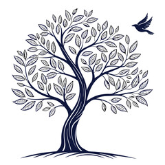 stylized decorative tree with leaves and bird in flight isolated on white background vector illustra
