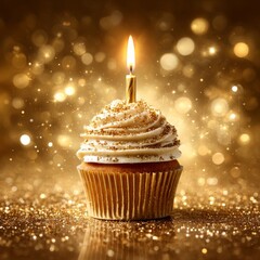 Poster - Golden Birthday Delight: A Cupcake Aglow with Celebration, Sparkles, and Warm Light on a Glittering Surface 