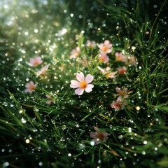 Poster - Pink Flowers in Dew-Kissed Grass: A Microscopic World of Glittering Sunlight and Botanical Beauty on a Summer Morning