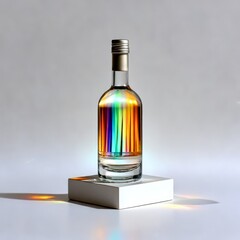 Poster - Prismatic Bottle Still Life: Light and Color Refraction on a Modern White Pedestal Against a Neutral Background