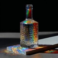 Aufkleber - Prismatic Light Refraction Through a Textured Glass Bottle Casting Rainbow Patterns on a Surface, Revealing Spectral Beauty