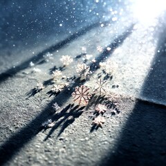 Fototapete - Winter's Glimmer: Sparkling Snowflakes Catch the Light in a Frozen Embrace, Casting Long Shadows on a Cold Surface.