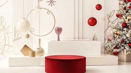 Wall Mural - red and white room with a christmas tree and a red and white couch. the couch is in the center of th