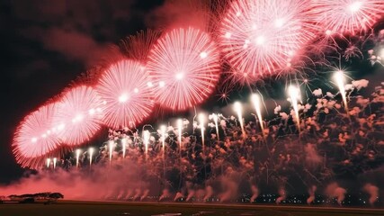 Wall Mural - fireworks display is lit up in the night sky. the fireworks are red and white and are scattered thro