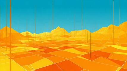 Digital landscape with geometric shapes and vibrant colors.