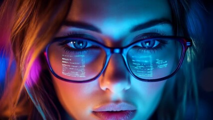A female software developer with reflection of the screen on the glasses coding in the office.