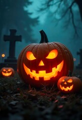 Wall Mural - spooky pumpkin with glowing eyes sitting in the middle of a corn maze on a dark Halloween night.