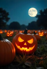 Wall Mural - spooky pumpkin with glowing eyes sitting in the middle of a corn maze on a dark Halloween night.