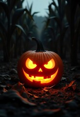 Wall Mural - spooky pumpkin with glowing eyes sitting in the middle of a corn maze on a dark Halloween night.