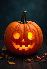 Wall Mural - spooky pumpkin with glowing eyes sitting in the middle of a corn maze on a dark Halloween night.