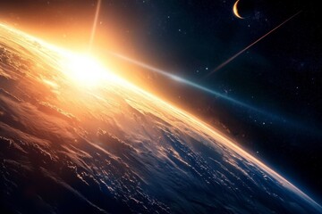 Wall Mural - A breathtaking view of a blue planet at sunrise from space.
