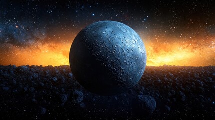 Wall Mural - Moon-like planet, asteroid field, space, cosmic sunrise, digital art, science fiction background