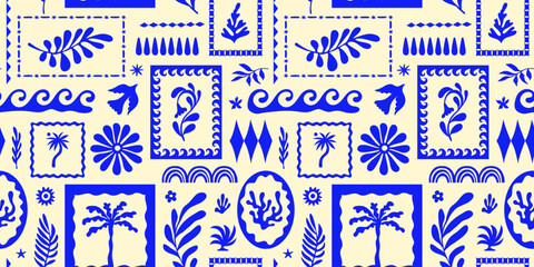 Leinwandbilder - Vector hand drawn seamless pattern graphics with silhouette summer and vacation illustrations, tropical illustrations, frames and borders, fabric and textile design, beach and surf theme
