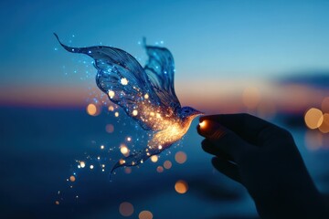 Wall Mural - a hand holding a glowing blue butterfly