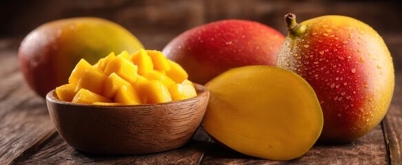 Wall Mural - The Fresh Mangoes and Cut Cubes on Rustic Wooden Table