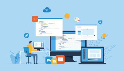 Poster - flat vector illustration  web design and web application design process concept. with a web designer and developer programmer team working. 