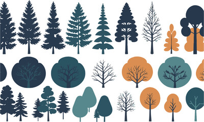 a modern vector-style illustration set of various tree silhouettes, easily scalable and editable.