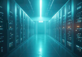 Poster - Bright futuristic server room with glowing cyan-blue lighting and symmetrical server racks. Suitable for IT infrastructure, cloud data storage, cybersecurity, and network technology themes