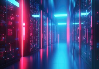 Poster - 3D rendering of glowing blue and pink-lit servers in a futuristic data center corridor. Great for tech innovation, cyber security, AI infrastructure, and cloud computing visualizations