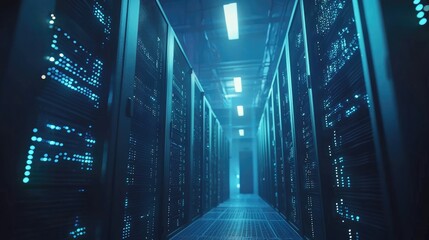 Poster - Server corridor with blue glowing indicators and industrial lighting in a dark data center. Great for cybersecurity, IT systems, cloud computing, digital storage, and tech infrastructure themes