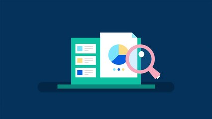 Wall Mural - search engine results page displaying documents with pie charts and a magnifier icon, symbolizing da