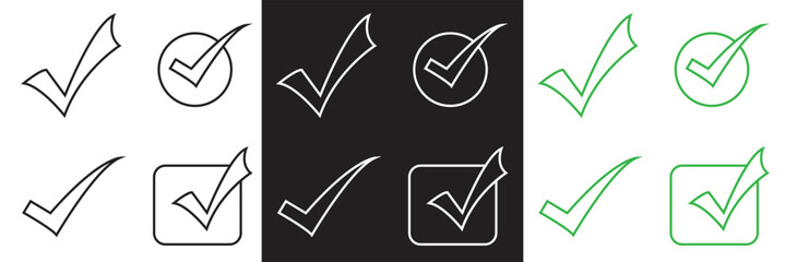 Wall Mural - check mark icon set. green, white and black check mark icon. tick symbol. correct vote choice symbol