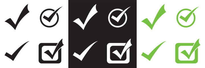 Wall Mural - check mark icon set. green, white and black check mark icon. tick symbol. correct vote choice symbol