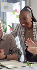Aufkleber - People, meeting and high five with success at startup for goals, support and results at tech company. Group, man and woman with cheers, celebration and applause with happy for achievement at agency