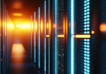 Poster - Close-up futuristic server corridor with glowing orange and blue lights in dramatic warm lighting, perfect for tech branding, cybersecurity visuals, and AI infrastructure use cases