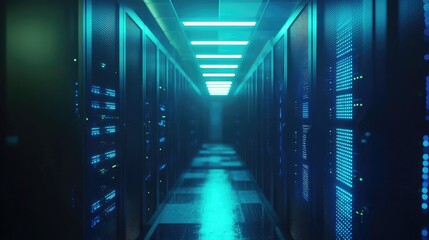 Poster - Futuristic glowing server room interior with illuminated racks and floor reflections, ideal for tech ads, cybersecurity presentations, data storage visuals, and IT service branding