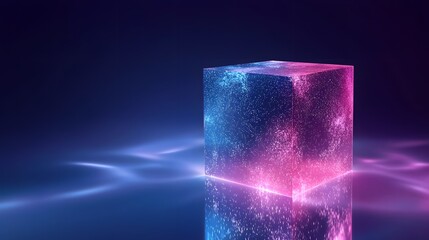 Wall Mural - illuminated cube with glowing particles and reflective surface in an abstract digital environment