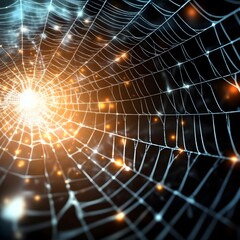 Wall Mural - intricate spider web glowing with soft light in a dark background capturing nature's design