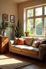 Wall Mural - A cozy living room, sunlight streaming through a large window, highlighting a comfortable sofa and warm, inviting decor Perfect for homey, comfortable, and relaxing vibes , sunlight, aesthetic