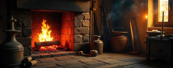 Wall Mural - A crackling fireplace with glowing embers, vintage tools nearby, creating a rustic and warm atmosphere Perfect for themes of nostalgia, comfort, and traditional craftsmanship , hearth, autumn, cozy