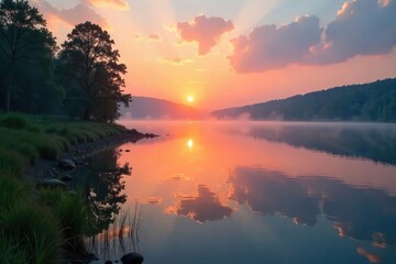 Wall Mural - A serene sunrise over a calm lake, reflecting a peaceful and balanced lifestyle Perfect for wellness, mindfulness, and self-care content , wellness, revitalize