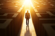 © photo for everything - A person walks through a maze with light at the end, symbolizing challenges, direction, and determination in finding a solution or achieving a goal.