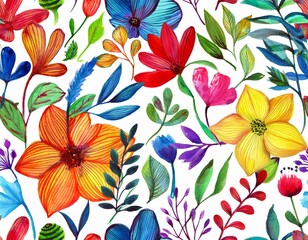 watercolor seamless pattern with abstract bright flowers leaves branches hand drawn floral illustrat