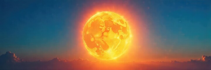 Wall Mural - a vibrant sun, dramatically highlighted against a clear, deep blue sky, radiating intense light and 