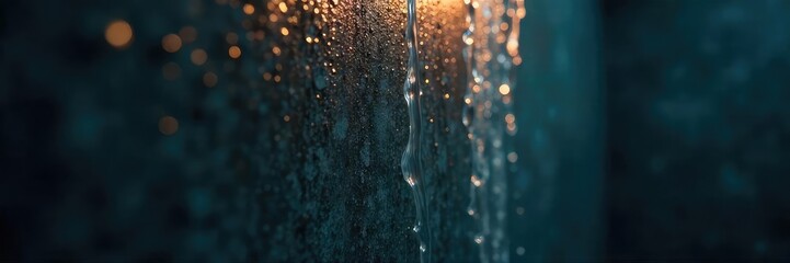 Wall Mural - close-up of water droplets cascading down a shower wall, reflecting dim, melancholic light the overa